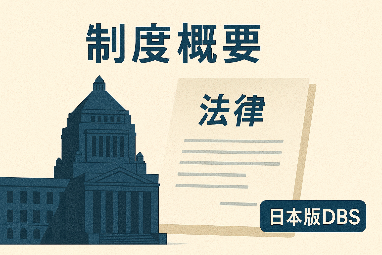 日本版DBS制度の概要を象徴する抽象イメージ（法律書と議事堂のイラスト）