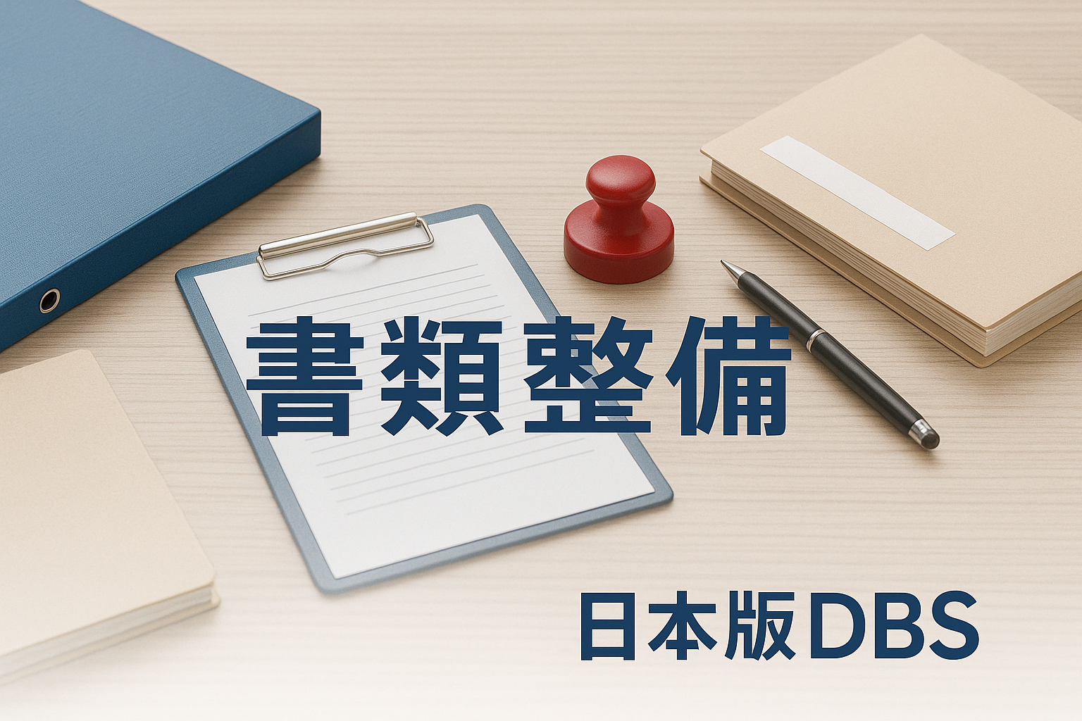 日本版DBSの書類整備を象徴する抽象イメージ（机上に並ぶ書類・印鑑・ファイル）
