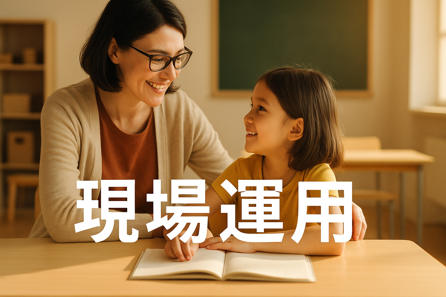 教室や保育現場で大人が子どもに寄り添う様子を象徴する抽象イメージ（現場運用の温かみを表現）